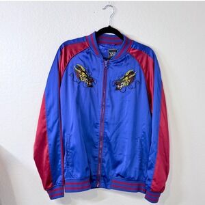 Young & Reckless Men's Bomber Jacket Blue Red Dragon Tiger Embroidery Size M